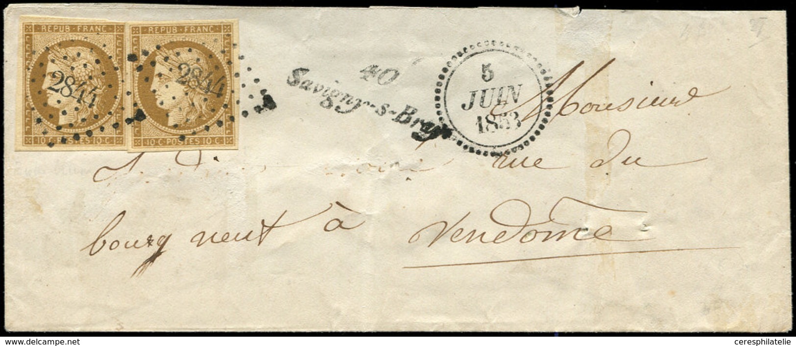 Let EMISSION DE 1849 - 1a   10c. Bistre-brun, PAIRE Obl. PC 2844 S. Env., Cursive 40/SAVIGNY-S-BRAYE Et Dateur B 5/6/53, - 1849-1850 Cérès