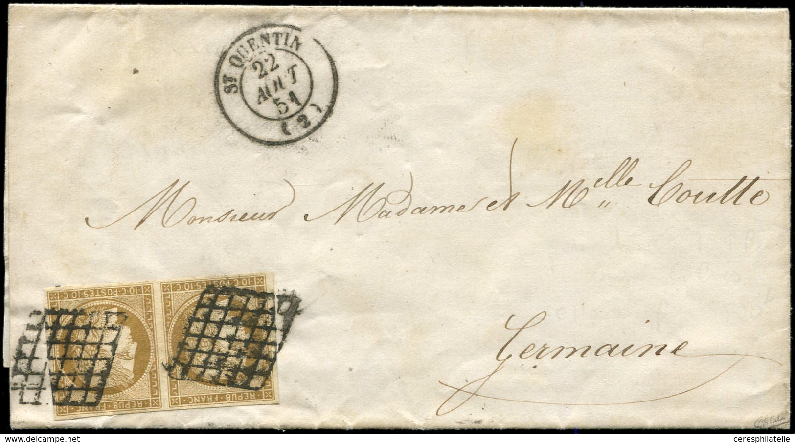 Let EMISSION DE 1849 - 1b   10c. Bistre-VERDATRE, PAIRE Obl. GRILLE S. LAC, Càd T15 St QUENTIN 22/8/51, TB, Cote Maury,  - 1849-1850 Cérès