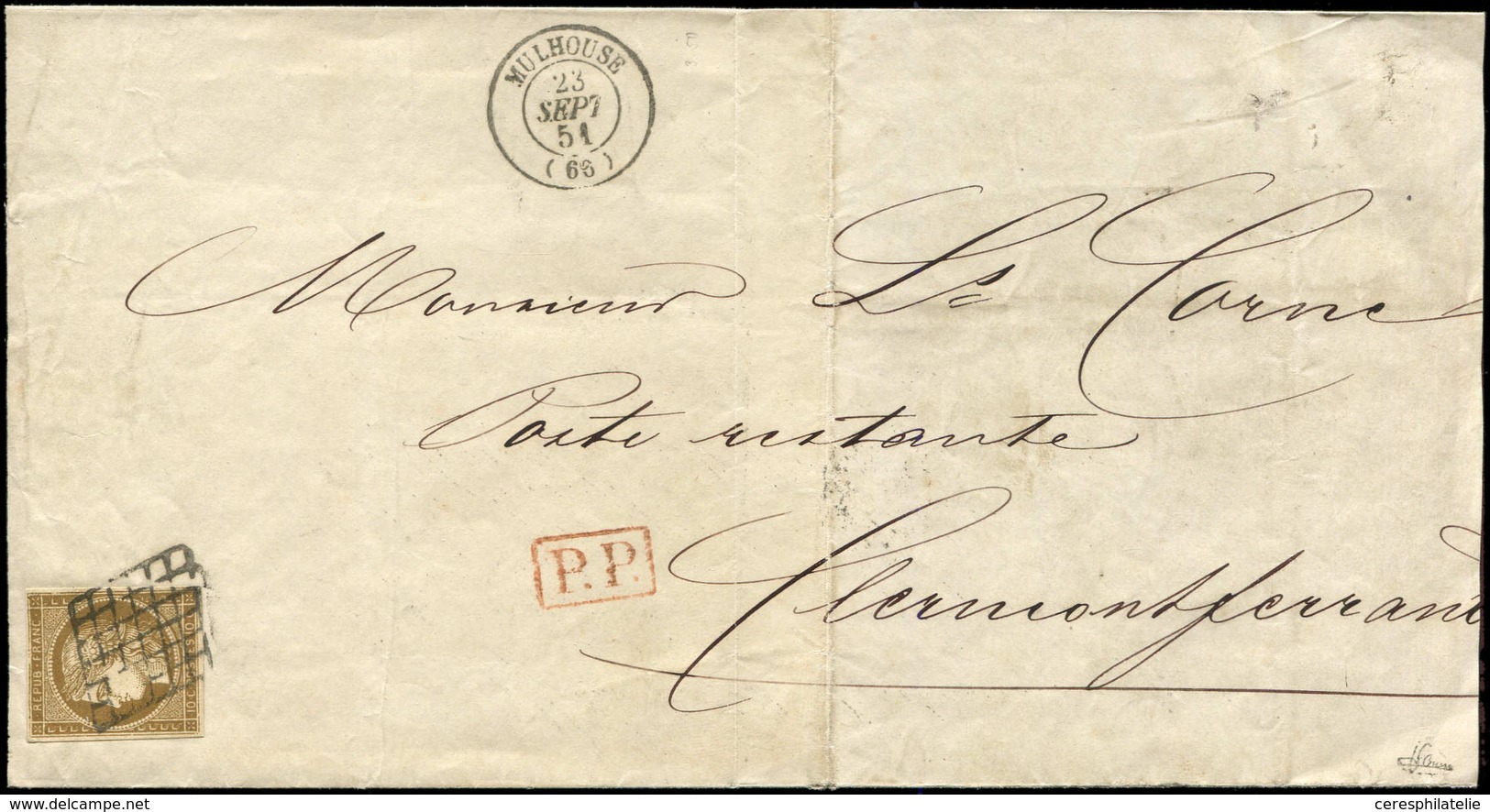 Let EMISSION DE 1849 - 1c   10c. Bistre VERDATRE FONCE, Nuance Exceptionnelle, Obl. GRILLE S. LSC, Càd T15 MULHOUSE 23/9 - 1849-1850 Cérès