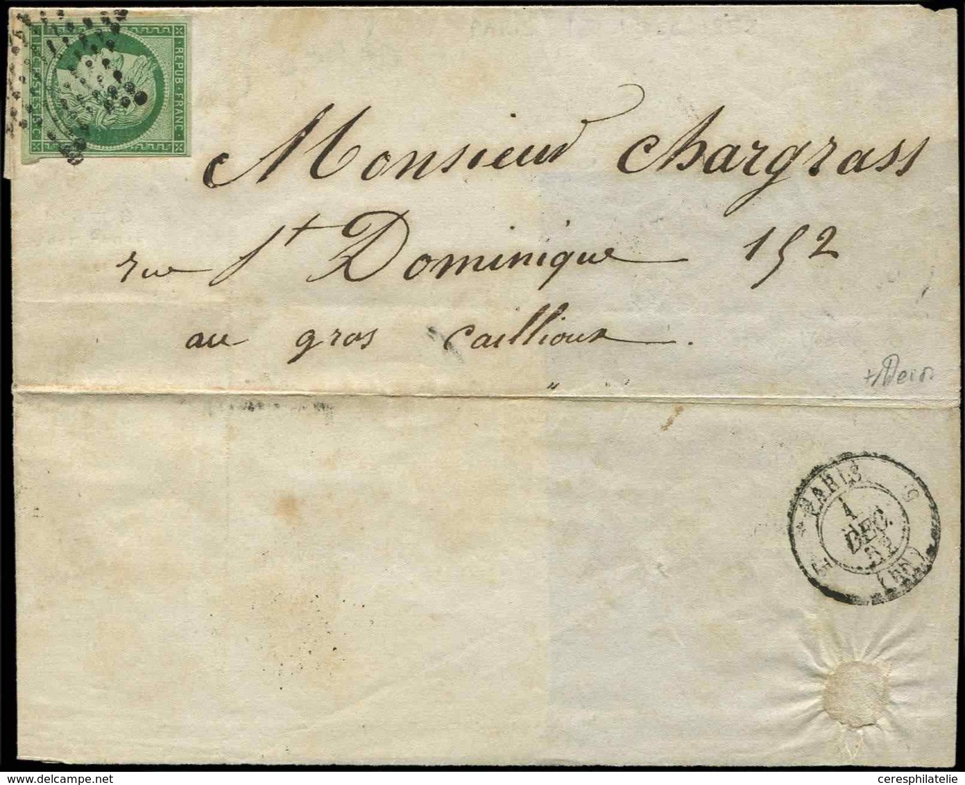 Let EMISSION DE 1849 - 2b   15c. Vert FONCE, Obl. ETOILE S. LSC De Paris Pour Paris 1/12/52, TB - 1849-1850 Cérès