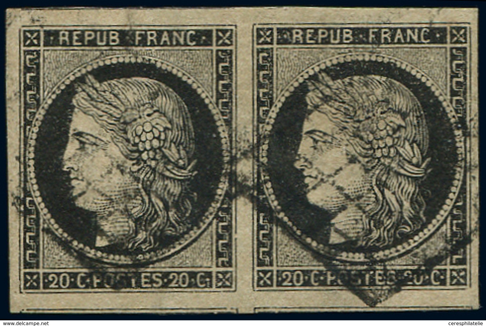 EMISSION DE 1849 - 3    20c. Noir Sur Jaune, Très Grandes Marges, PAIRE Obl. GRILLE, TTB. C - 1849-1850 Cérès