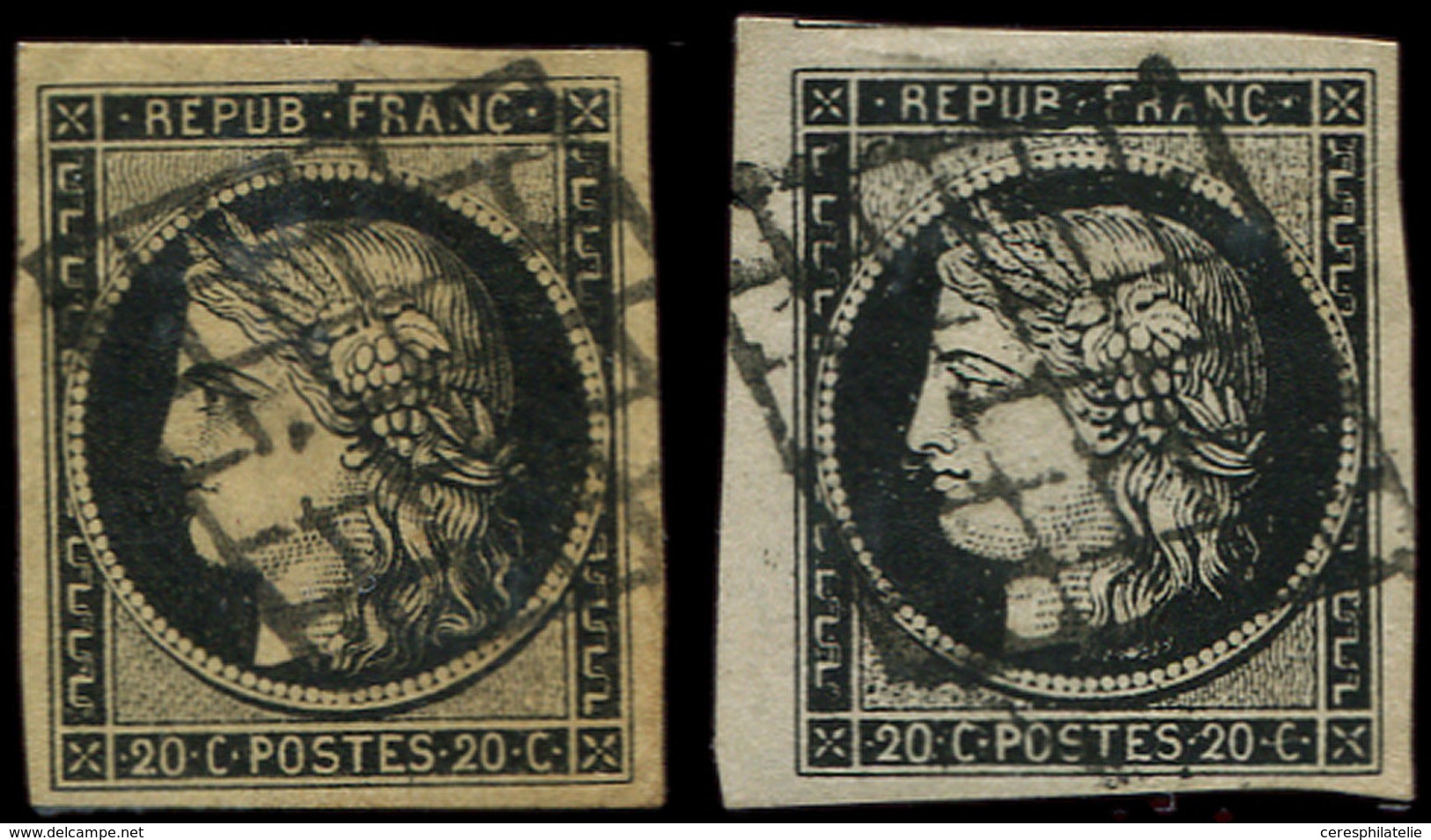 EMISSION DE 1849 - 3 Et 3a, 20c. Noir Sur Jaune Et Sur Blanc, Les 2 Marges énormes, Obl. GRILLE, TTB - 1849-1850 Cérès