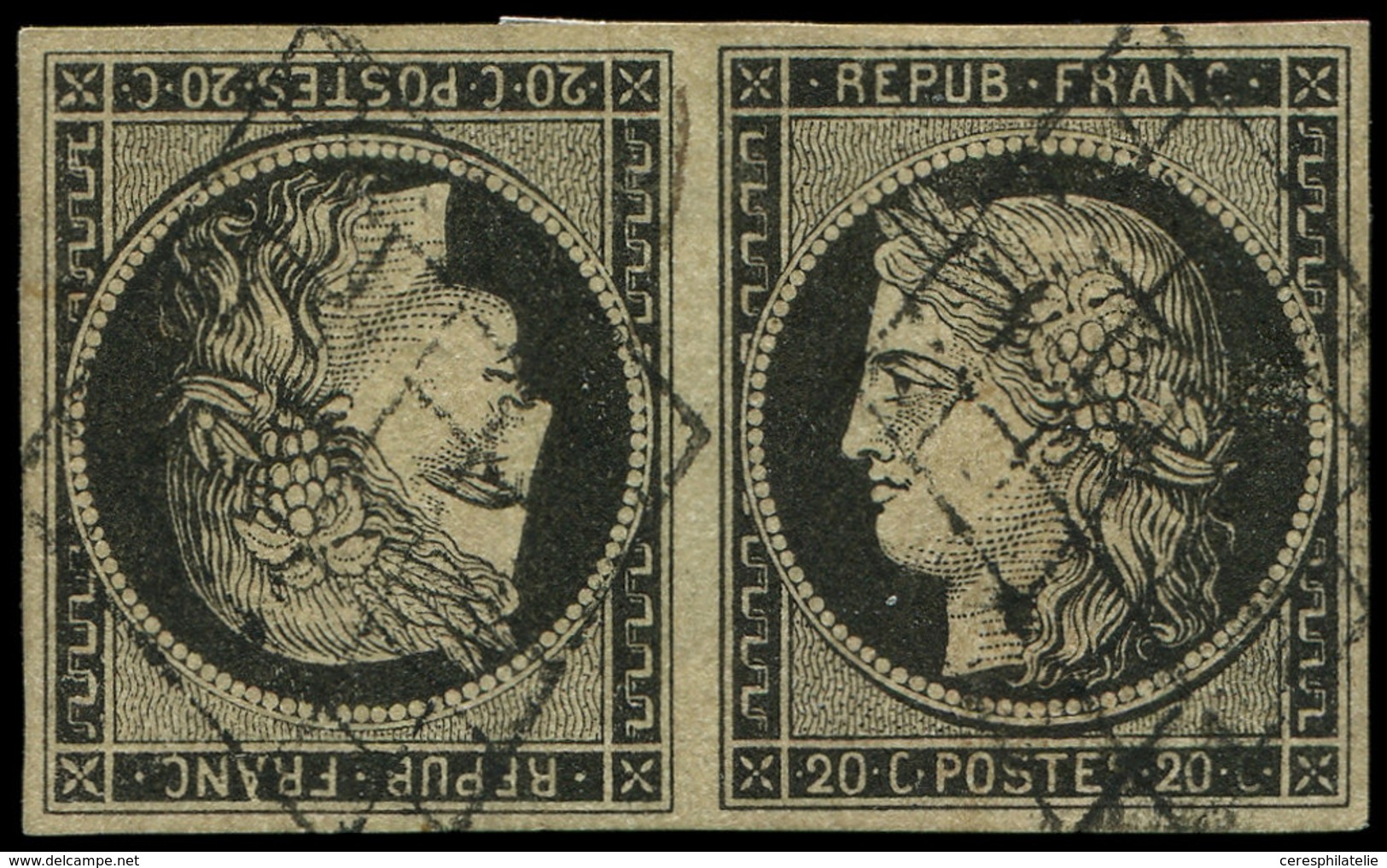 EMISSION DE 1849 - T3d  20c. Noir Sur Jaune, TETE-BECHE Obl. GRILLE, Très Belles Marges Régulières, TTB. Br - 1849-1850 Cérès