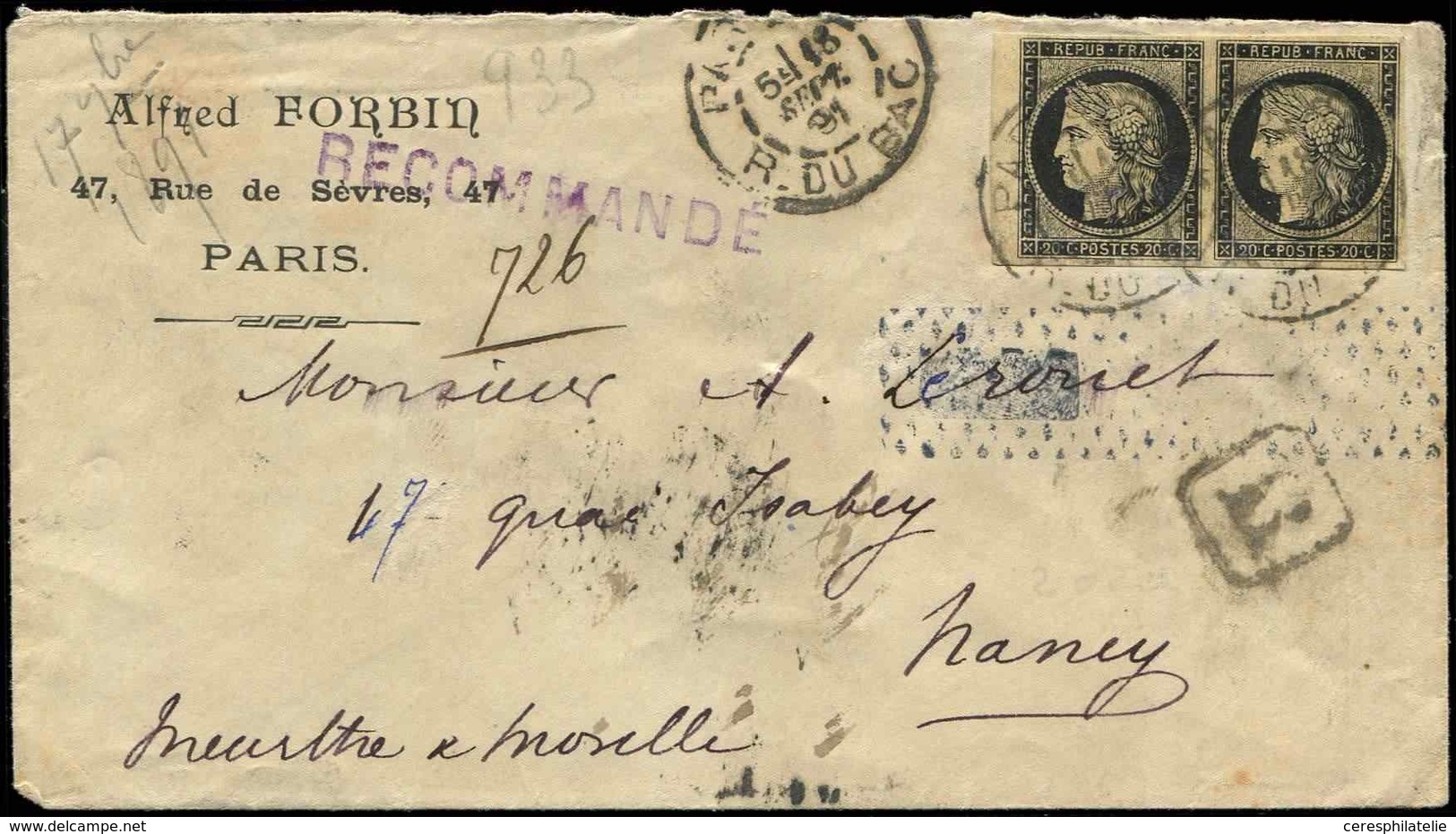 Let EMISSION DE 1849 - 3    20c. Noir Sur Jaune, PAIRE Petit Bdf, Obl. Càd PARIS 18/9/91 S. Env. Rec., Arr. NANCY Le 19. - 1849-1850 Cérès