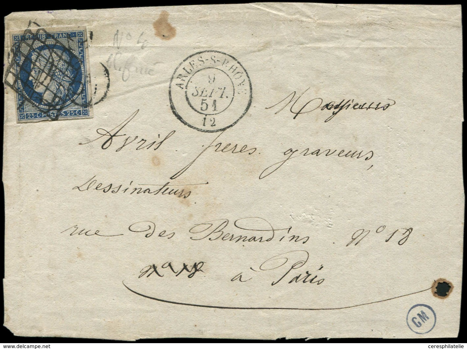 EMISSION DE 1849 - 4a   25c. Bleu Foncé, Obl. GRILLE Et Taxe Double Trait 25 S. Devant, Càd T15 ARLES-S-RHONE 9/9/51, TB - 1849-1850 Cérès