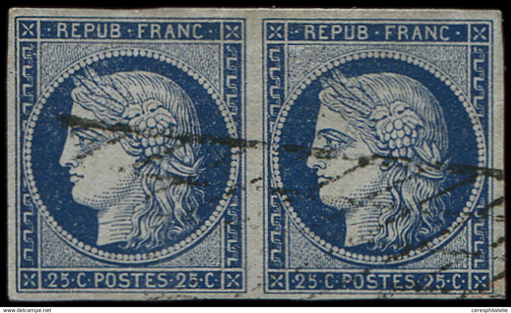 EMISSION DE 1849 - 4a   25c. Bleu Foncé, PAIRE Obl. GRILLE SANS FIN, TB. J - 1849-1850 Cérès