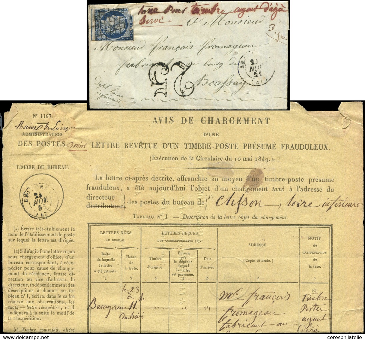 Let EMISSION DE 1849 - 4    25c. Bleu Très Défx S. Env., Càd T15 BEAUPREAU 25/11/51 Et "taxe Pour Timbre Ayant Déjà Serv - 1849-1850 Cérès