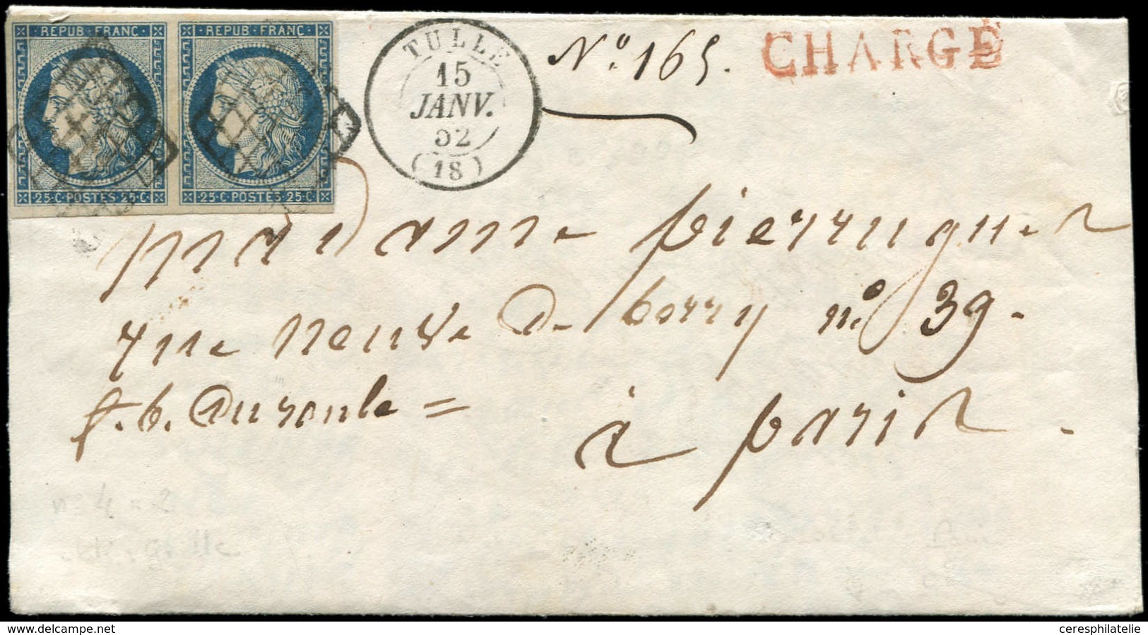 Let EMISSION DE 1849 - 4    25c. Bleu, PAIRE Obl. GRILLE S. LAC CHARGE, Càd T15 TULLE 15/1/52, Superbe - 1849-1850 Cérès