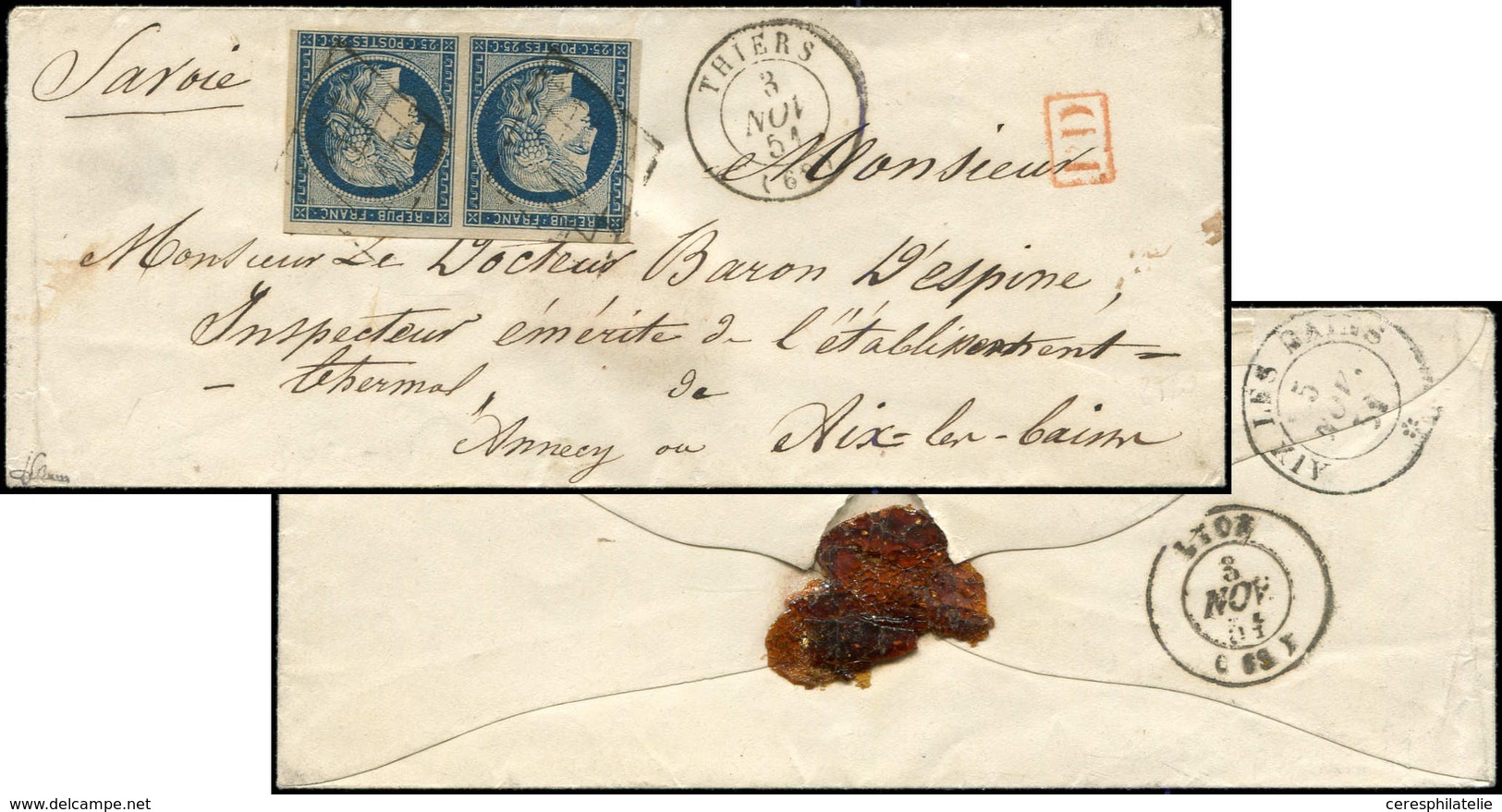 Let EMISSION DE 1849 - 4    25c. Bleu, PAIRE Obl. GRILLE S. Env., Càd T15 THIERS 3/11/51, Arr. Càd Sarde AIX Les BAINS 5 - 1849-1850 Ceres