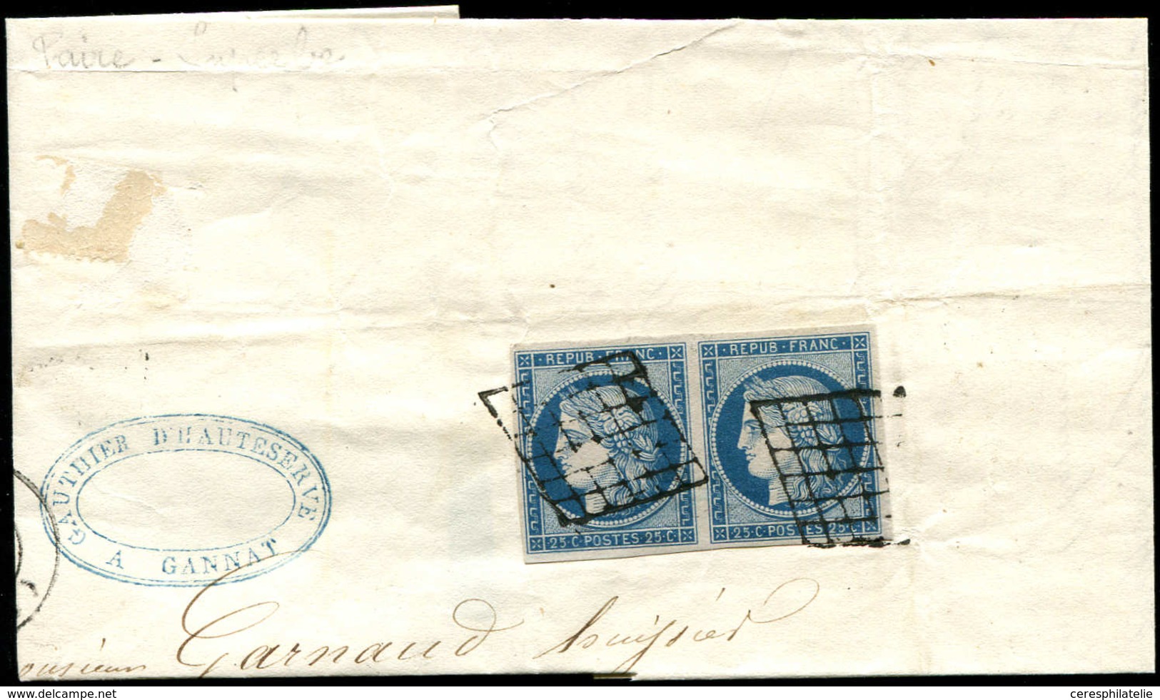 Let EMISSION DE 1849 - 4    25c. Bleu, PAIRE Obl. GRILLE Sur Partie De LAC, TB - 1849-1850 Cérès