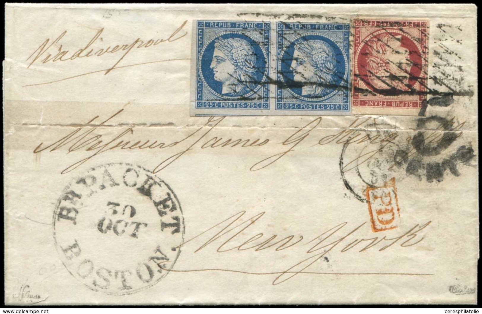 Let EMISSION DE 1849 - 4 Et 6, 25c. Bleu PAIRE Et 1f. Carmin, Inf. Déf., Obl. GRILLE SANS FIN S. LSC, Càd Paris 15/10/51 - 1849-1850 Cérès