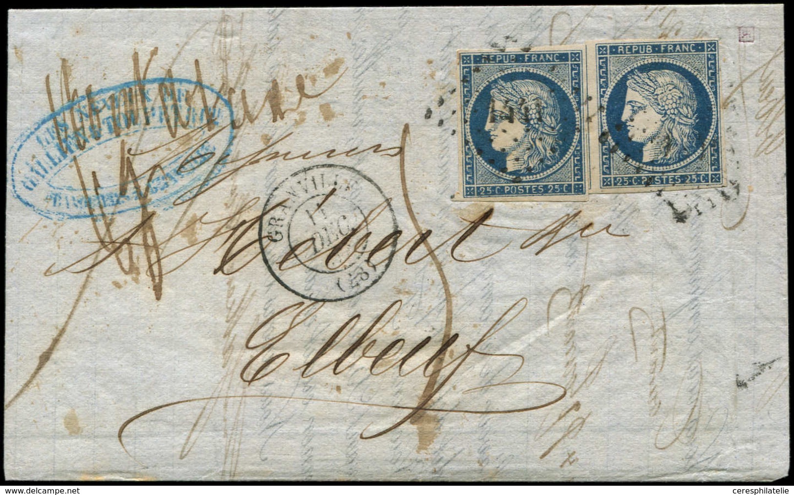 Let EMISSION DE 1849 - 4a   25c. Bleu Foncé (2) Obl. PC 1441 S. LAC, TAXE 5 Au Tampon Pour Tarif 3e échelon, Càd T15 GRA - 1849-1850 Ceres