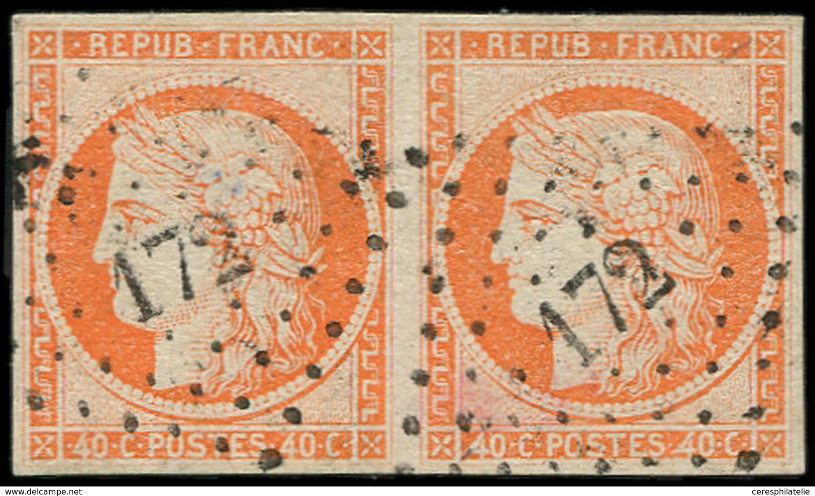 EMISSION DE 1849 - 5    40c. Orange, PAIRE Obl. PC 172, Infime Pli Entre Les 2 Timbres Touchant Légèrement Un Filet, Asp - 1849-1850 Ceres
