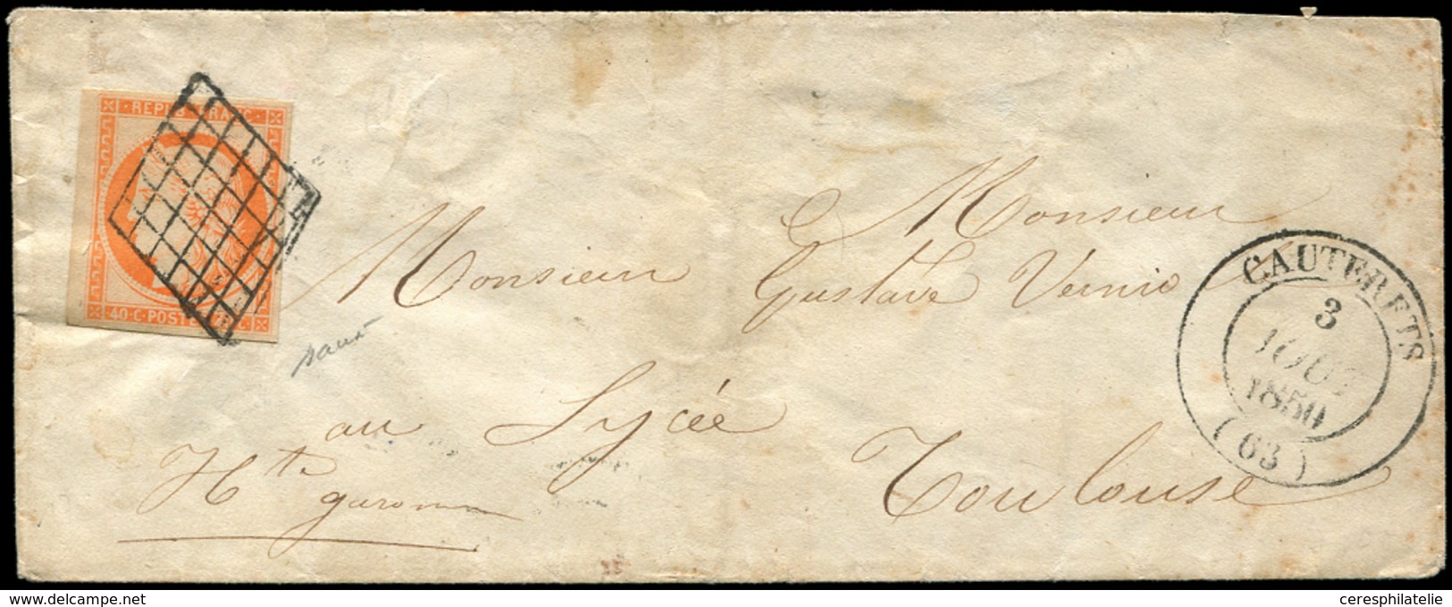 Let EMISSION DE 1849 - 5    40c. Orange, Obl. GRILLE S. Env., Càd T14 CAUTERETS 3/8/50, TB - 1849-1850 Ceres