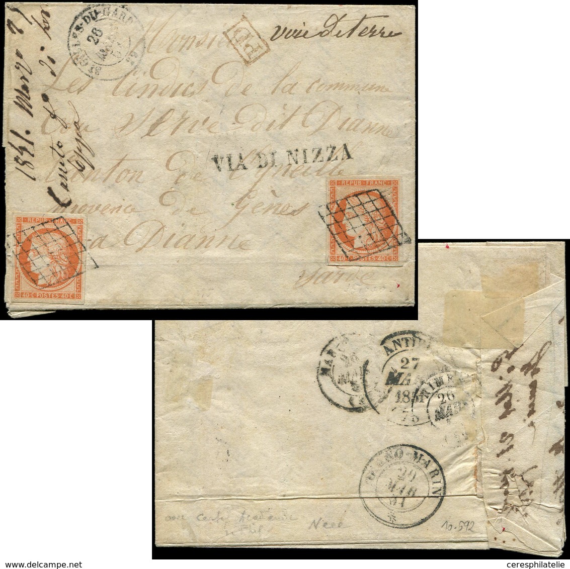 Let EMISSION DE 1849 - 5    40c. Orange, 2 Ex. Dont Un Pli D'archive, Obl. GRILLE S. LAC, Càd T15 ST GILLES-DU-GARD 26/3 - 1849-1850 Cérès