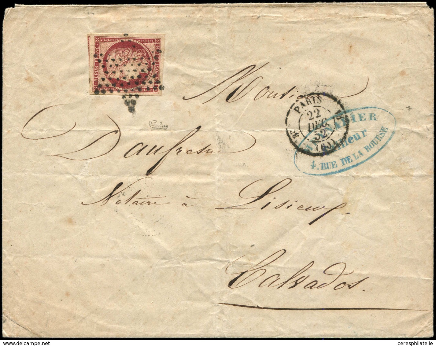 Let EMISSION DE 1849 - 6     1f. Carmin, Obl. ETOILE S. Env., Grandes Marges, Càd PARIS 22/12/52, TTB. C - 1849-1850 Ceres