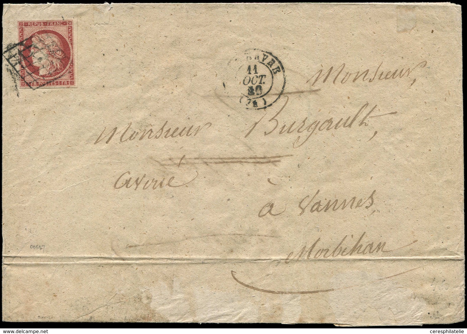 Let EMISSION DE 1849 - 6     1f. Carmin, Obl. GRILLE S. Env., Càd T15 LE HAVRE 11/10/50, TB - 1849-1850 Cérès
