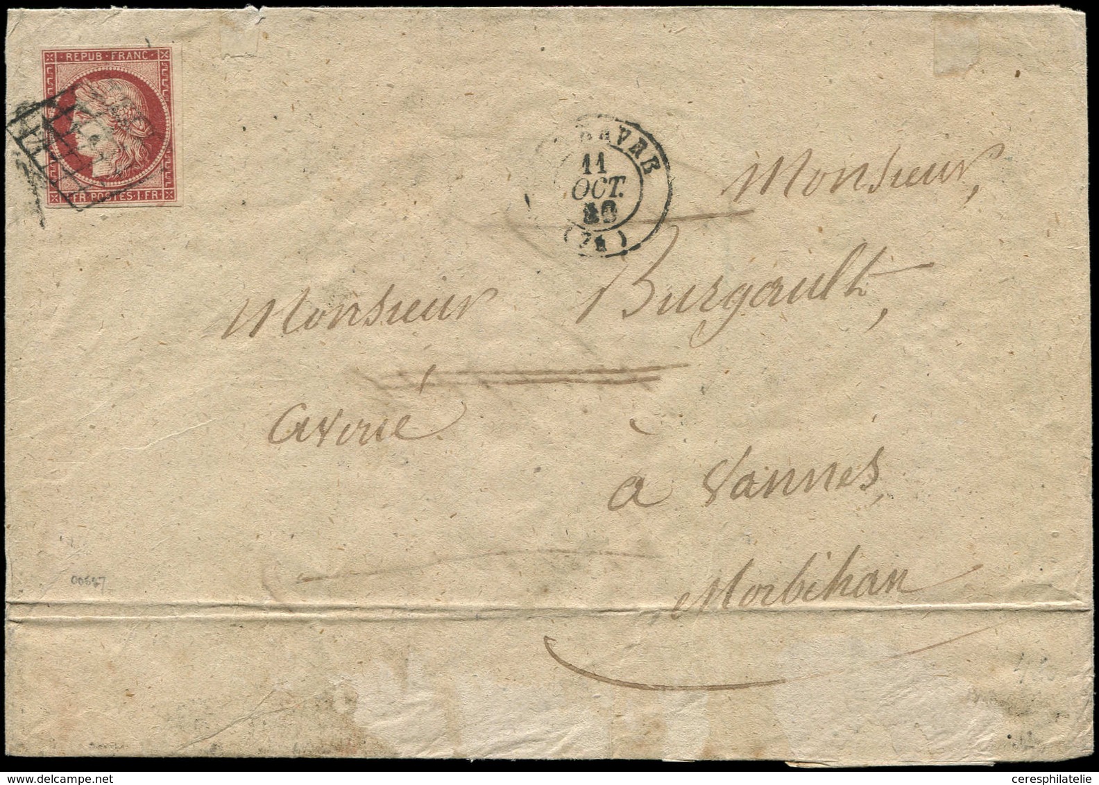 Let EMISSION DE 1849 - 6     1f. Carmin, Obl. GRILLE S. Env., Càd T15 LE HAVRE 11/10/50, TB - 1849-1850 Ceres