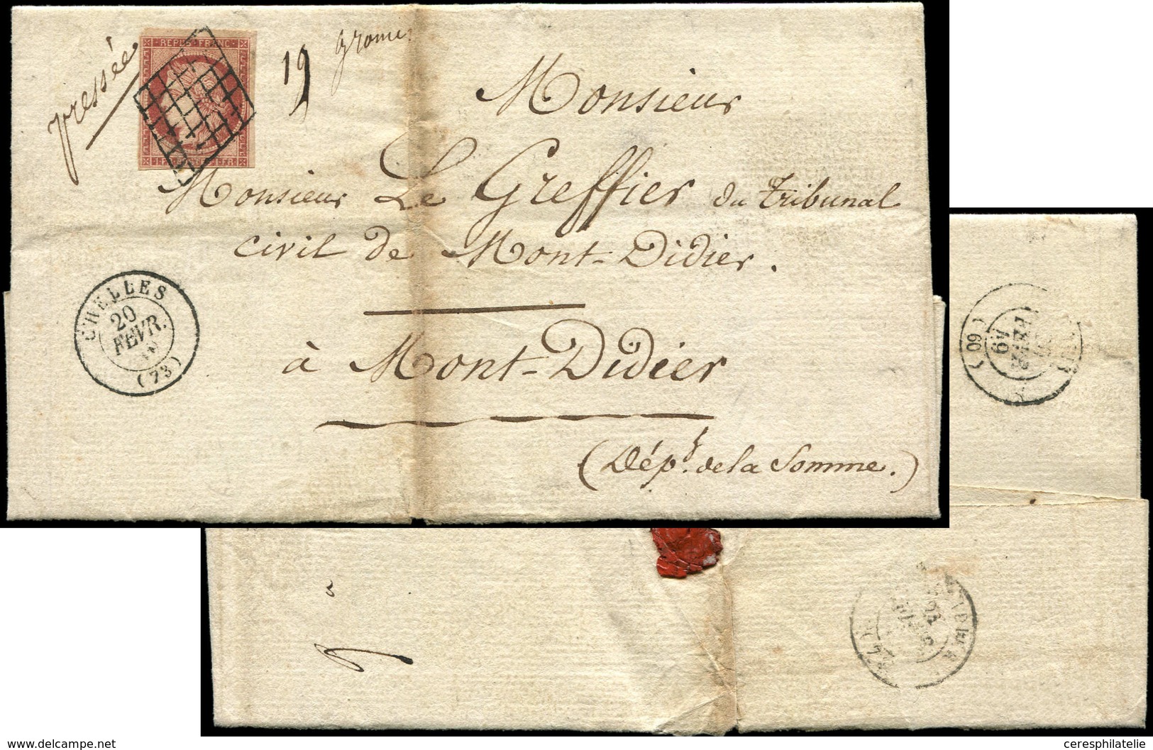 Let EMISSION DE 1849 - 6A    1f. Rouge-brun, Filet Coupé Dans Un Angle, Obl. GRILLE S. LAC, Càd CHELLES 20/2/49, Frappes - 1849-1850 Cérès