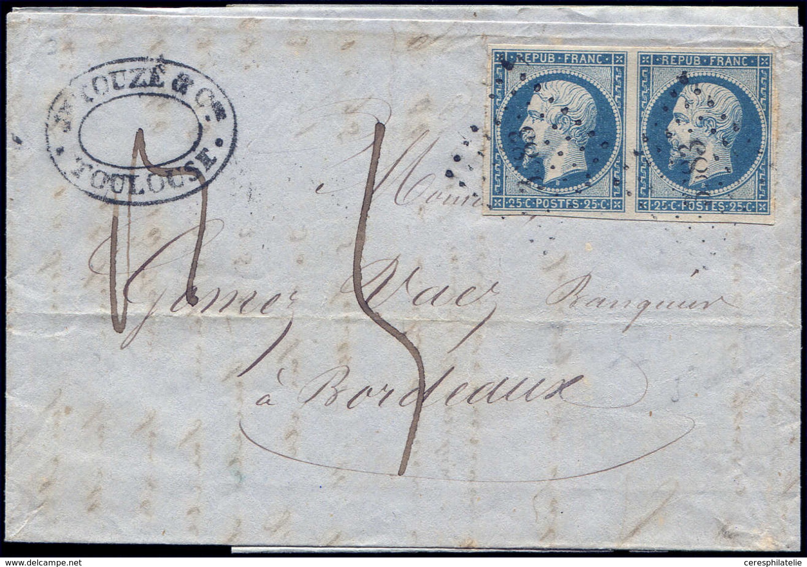 Let PRESIDENCE - 10   25c. Bleu, PAIRE Obl. PC 3383 S. LAC, Taxe 5 Plume, TTB - 1852 Louis-Napoléon