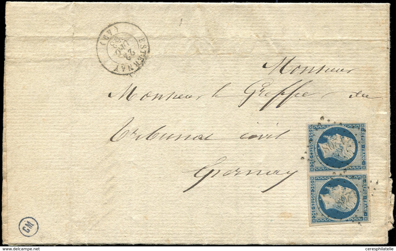 Let PRESIDENCE - 10   25c. Bleu, PAIRE Obl. PC 1208 S. LAC, Càd T15 ESTERNAY 22/12/53, TB/TTB - 1852 Louis-Napoléon