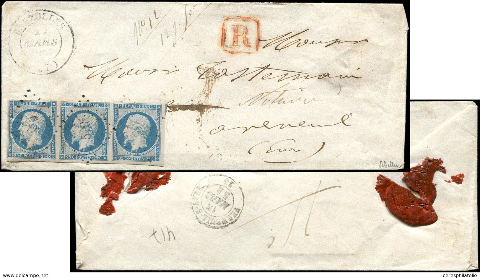 Let PRESIDENCE - 10   25c. Bleu, BANDE De 3 Obl. PC 519 S. Env. Rec., Càd T14 BREZOLLES 17/3/54, TTB. S - 1852 Louis-Napoléon