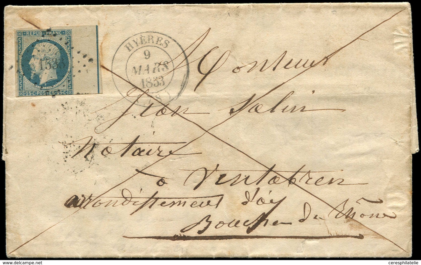 Let PRESIDENCE - L10b 25c. Bleu, Bdf Avec FILET D'ENCADREMENT, Filet Absent En Bas, Obl. PC 1533 S. LAC, Càd T14 HYERES  - 1852 Louis-Napoléon