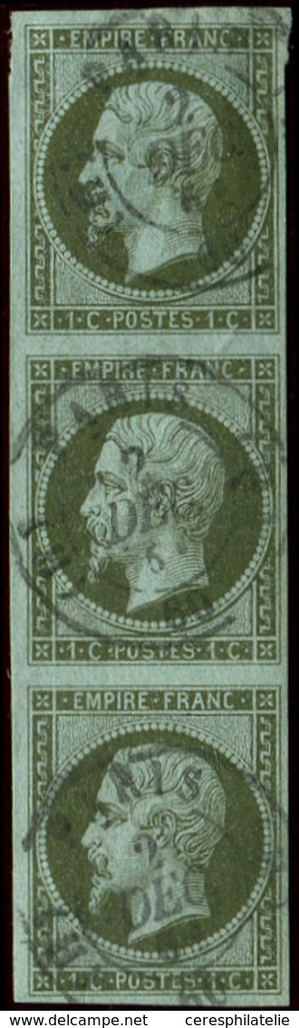 EMPIRE NON DENTELE - 11    1c. Olive, BANDE Verticale De 3 Oblitérée Càd PARIS 2/12/6( ), TB - 1853-1860 Napoléon III