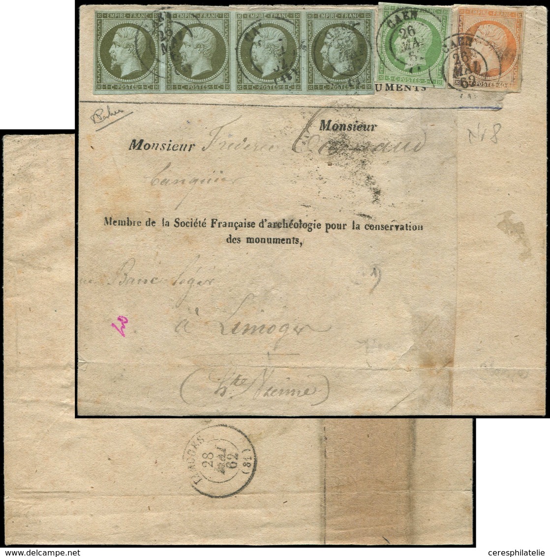 Let EMPIRE NON DENTELE - 11    1c. Olive, BANDE De 4, N°12 5c. Vert Et N°16 40c. Orange, Obl. Càd T15 CAEN 26/5/62 S. Ba - 1853-1860 Napoléon III