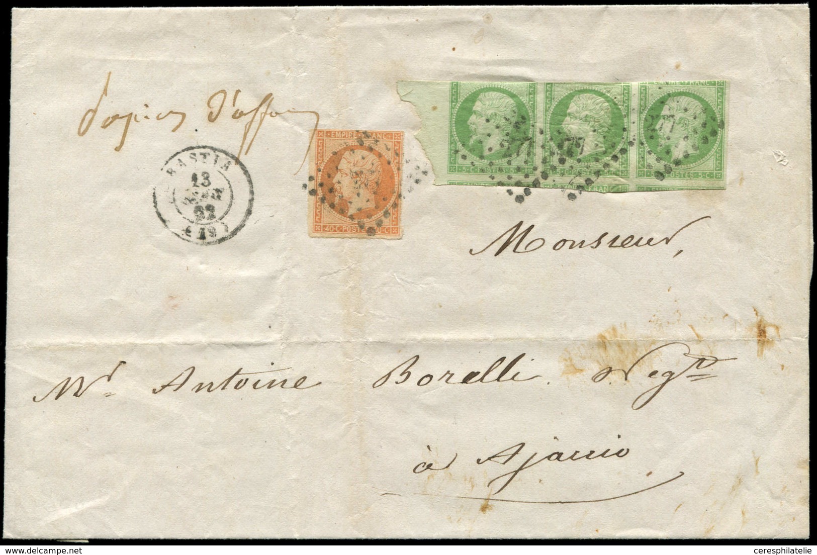 Let EMPIRE NON DENTELE - 12    5c. Vert, BANDE De 3 Bdf, Entamé En Haut Mais 3 Voisins En Bas Et N°16 40c. Orange Obl. P - 1853-1860 Napoléon III