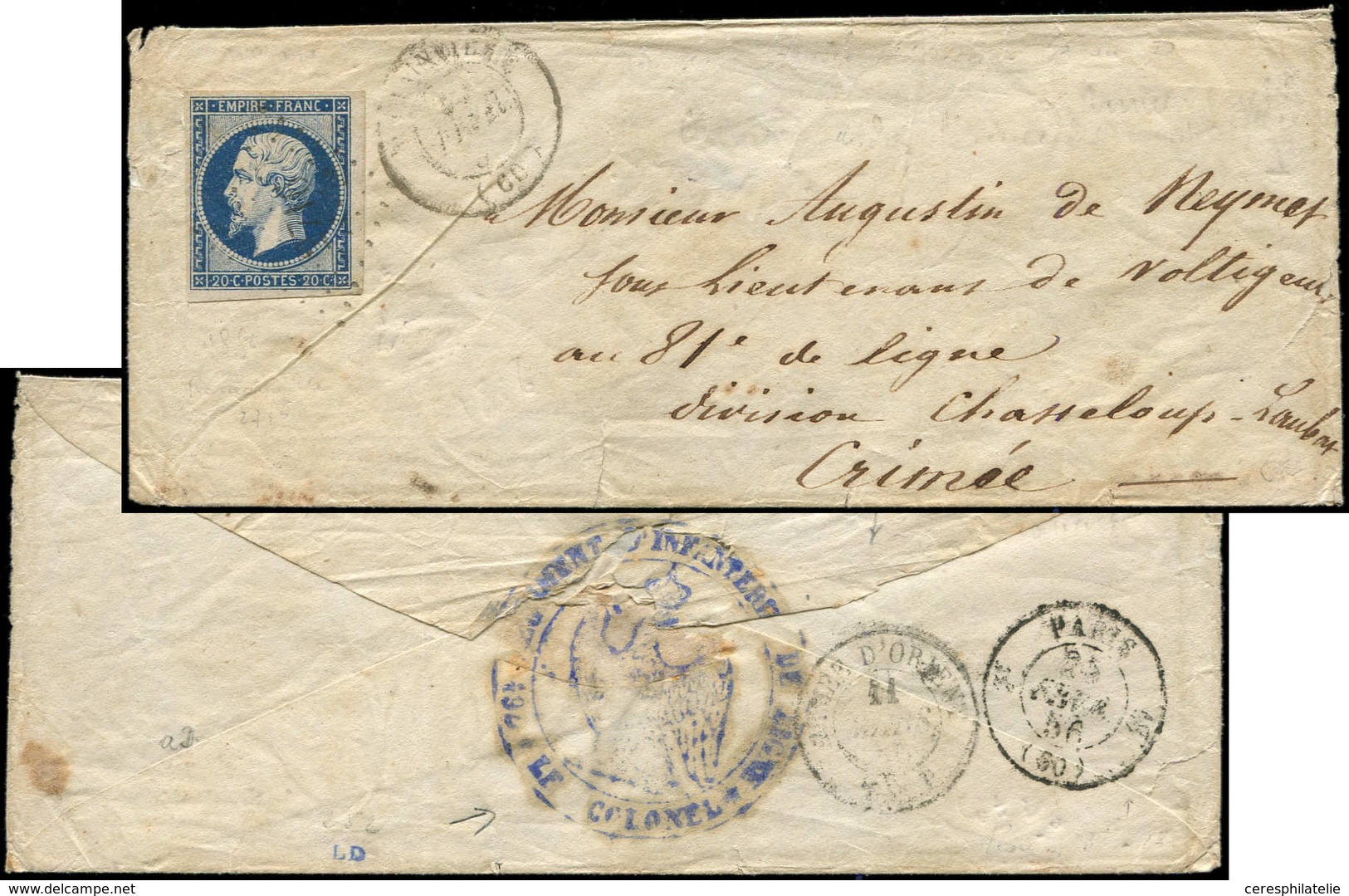 Let EMPIRE NON DENTELE - 14A  20c. Bleu, T I, Obl. PC 2716 S. Env., Càd T15 ROMAINVILLE ( )/2/(56), Frappe Faible, Au Ve - 1853-1860 Napoleon III