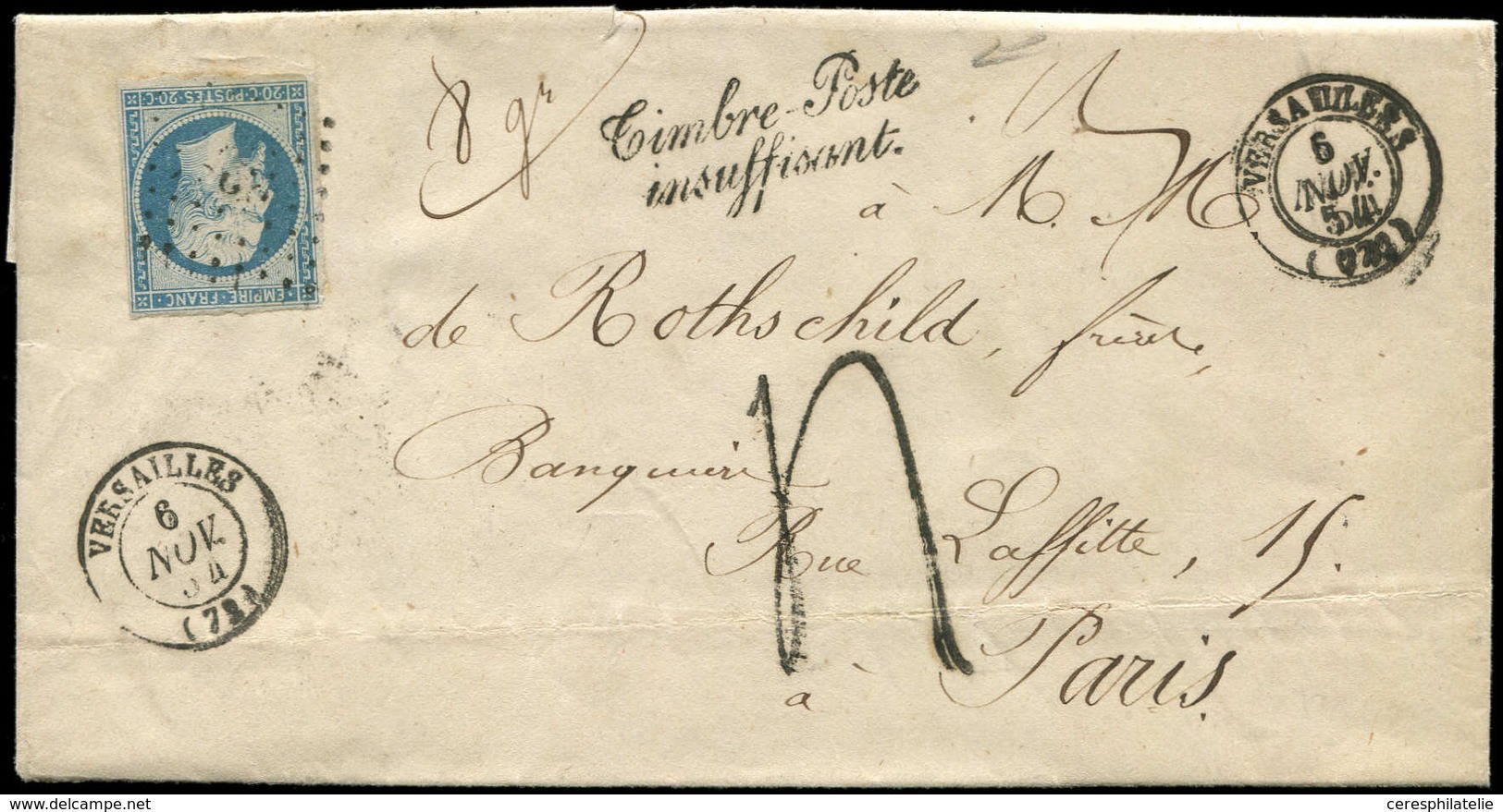 Let EMPIRE NON DENTELE - 14A  20c. Bleu, T I, Obl. PC 3537 (faible) S. LAC, Càd T15 VERSAILLES 6/11/54, Cachet Timbre-po - 1853-1860 Napoleon III