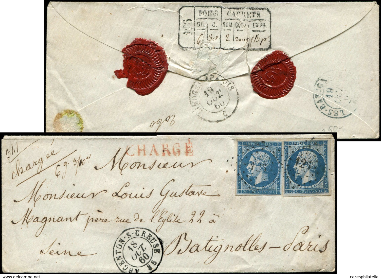 Let EMPIRE NON DENTELE - 14A  20c. Bleu, T I, 2 Ex. Obl. PC 126 S. Env. CHARGE, Càd T15 ARGENTON-S-CREUSE 18/10/60, TTB - 1853-1860 Napoleon III