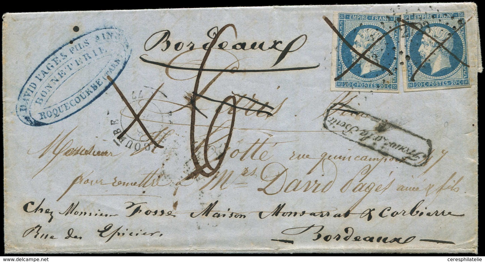 Let EMPIRE NON DENTELE - 14A  20c. Bleu, T I, 2 Ex. Obl. PC 2723 Et Annulation à La Plume, Lettre Adressée à Paris Et Ré - 1853-1860 Napoléon III