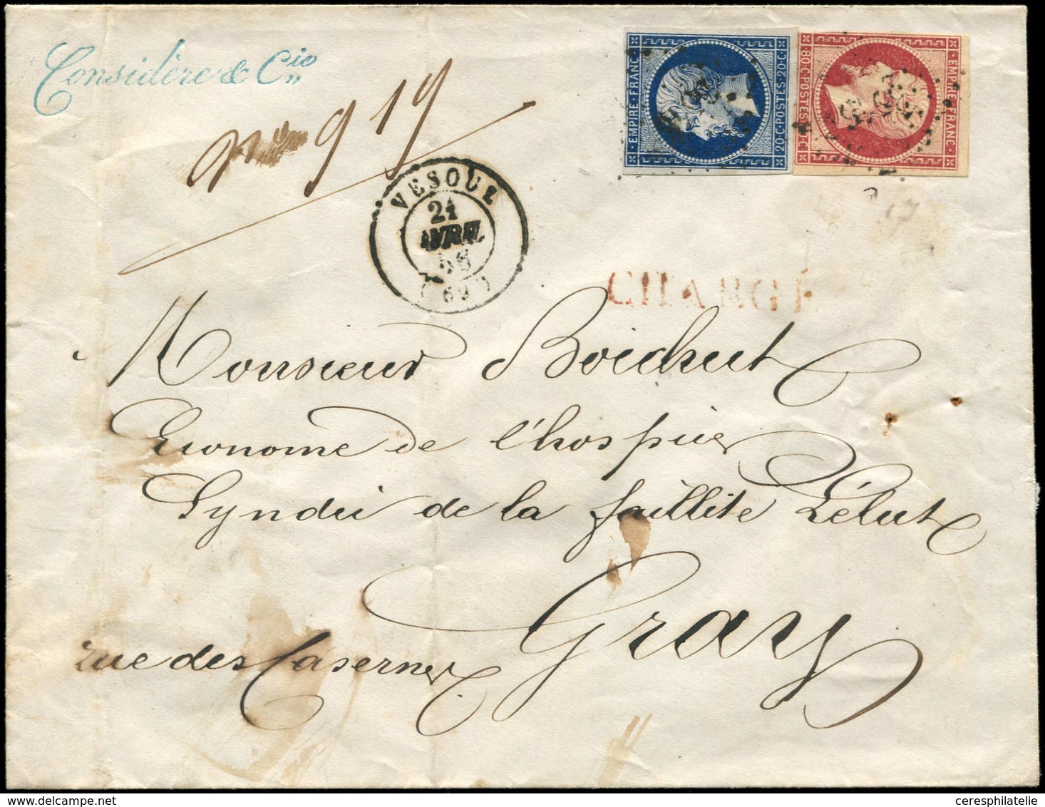 Let EMPIRE NON DENTELE - 14A Et 17A, 20c. Bleu T I Et 80c. Carmin, Les 2 Défx, Obl. PC 3546 S. Env. CHARGE, Càd T15 VESO - 1853-1860 Napoleon III