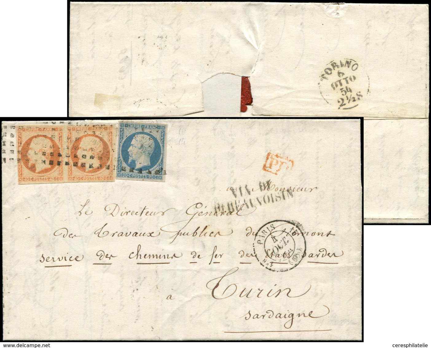 Let EMPIRE NON DENTELE - 14A  20c. Bleu, T I Et N°16 40c. Orange PAIRE (1 Ex. Touché) Obl. ROULETTE De GROS POINTS S. LA - 1853-1860 Napoléon III