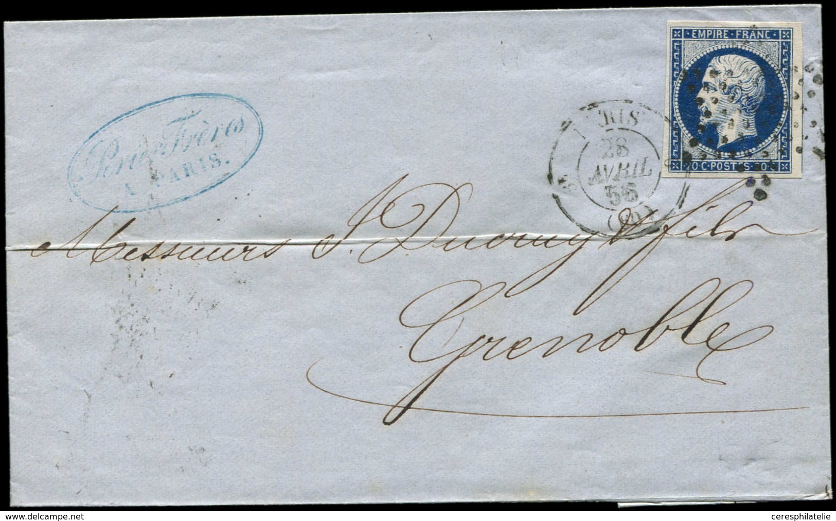 Let EMPIRE NON DENTELE - 14Ab 20c. Bleu NOIR Obl. Etoile S. LSC, Càd PARIS 28/4/56, Superbe - 1853-1860 Napoléon III