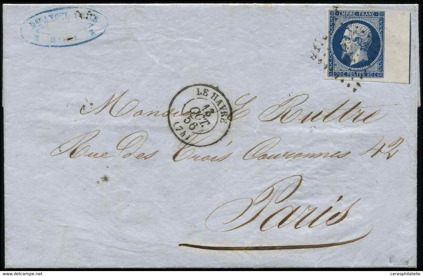 Let EMPIRE NON DENTELE - L14Ai 20c. Bleu Foncé, T I, FILET D'ENCADREMENT, Obl. PC 1495 S. LAC, Càd T15 LE HAVRE 13/10/56 - 1853-1860 Napoléon III