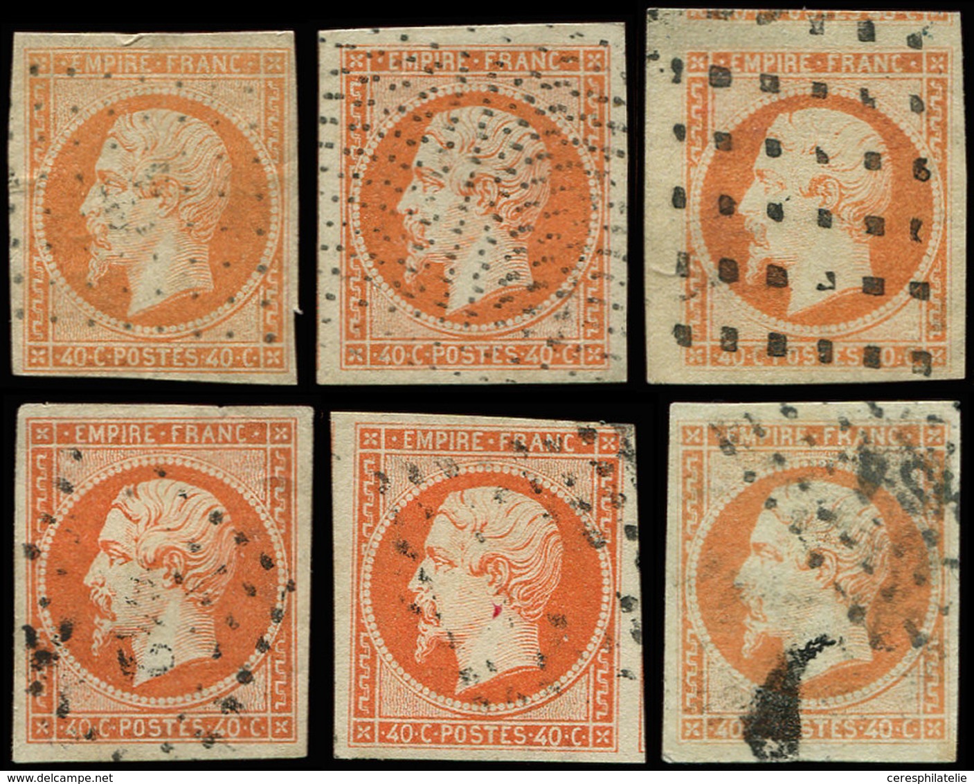 EMPIRE NON DENTELE - 16   40c. Orange, 6 Ex. Choisis, Nuances Et Oblitérations Diverses, B/TB - 1853-1860 Napoleon III