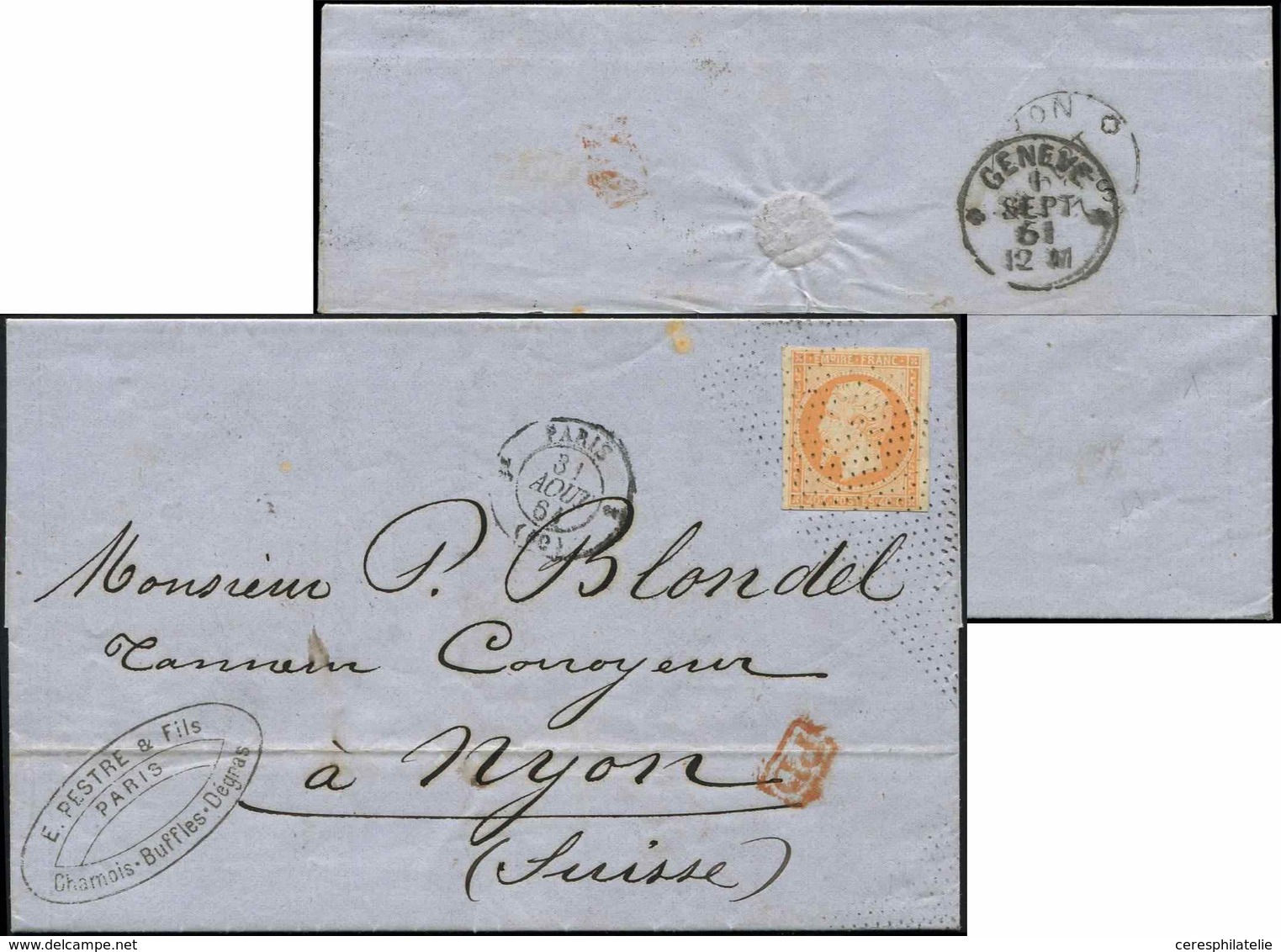Let EMPIRE NON DENTELE - 16   40c. Orange, Obl. ROULETTE De POINTS S. LAC, Càd PARIS 31/8/61, Arr. GENEVE 1/9 Puis NYON, - 1853-1860 Napoléon III