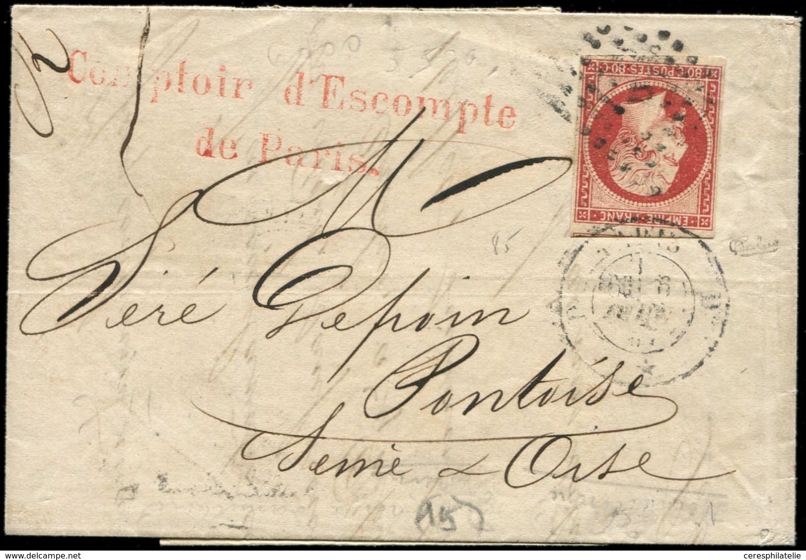 Let EMPIRE NON DENTELE - 17Ar 80c. VERMILLONNE FONCE, Amorce De Voisin, Obl. Los. D S. LAC, Càd PARIS 6/2/57, TB, Certif - 1853-1860 Napoleon III