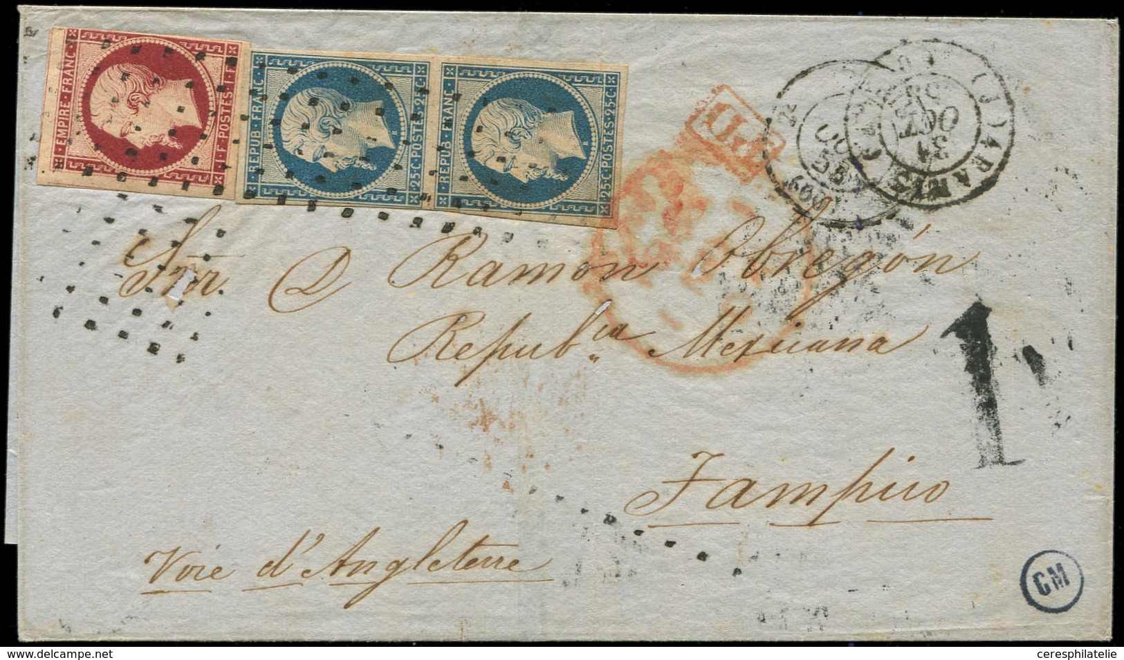 Let EMPIRE NON DENTELE - 18    1f. Carmin, Touché + N°10 25c. Bleu PAIRE Défse Obl. ROULETTE De GROS POINTS Sur LSC, Càd - 1853-1860 Napoleon III