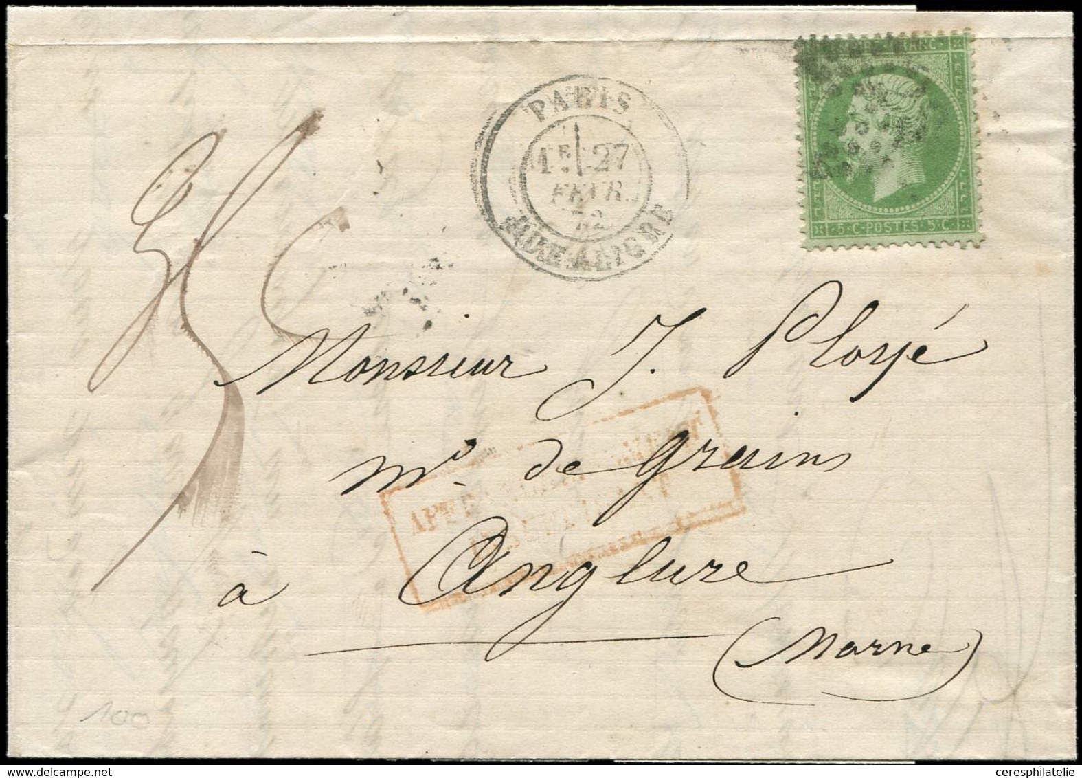 Let EMPIRE DENTELE - 20    5c. Vert, Obl. Etoile 23 S. LAC, Càd Rue Aligre 27/2/72, "affrt Insuff." Et Taxe Plume, Arr.  - 1862 Napoleon III