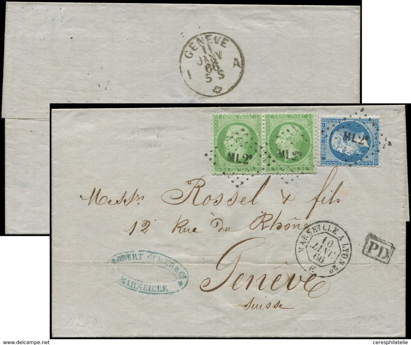 Let EMPIRE DENTELE - 20 Et 22, 5c. Vert PAIRE Et 20c. Bleu Obl. Amb. ML2° S. LSC, Càd MARSEILLE A LYON 2e 10/1/66, Arr.  - 1862 Napoléon III