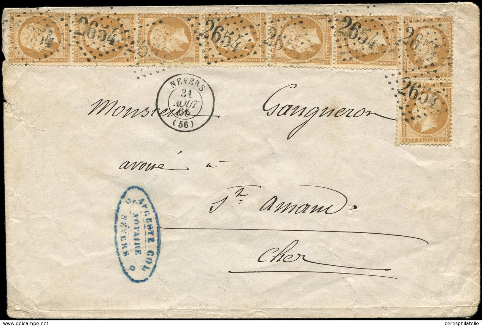 Let EMPIRE DENTELE - 21   10c. Bistre, 8 Ex. Dont PAIRES Obl. GC 2654 S. Env., Càd T15 NEVERS 31/8/65, TB - 1862 Napoléon III