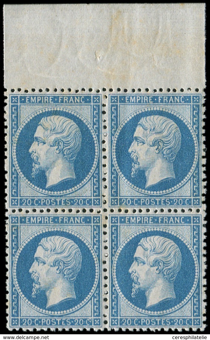 * EMPIRE DENTELE - 22   20c. Bleu, BLOC De 4 Bdf, Inf. Ch. Au Milieu, Très Bon Centrage, TB - 1862 Napoléon III