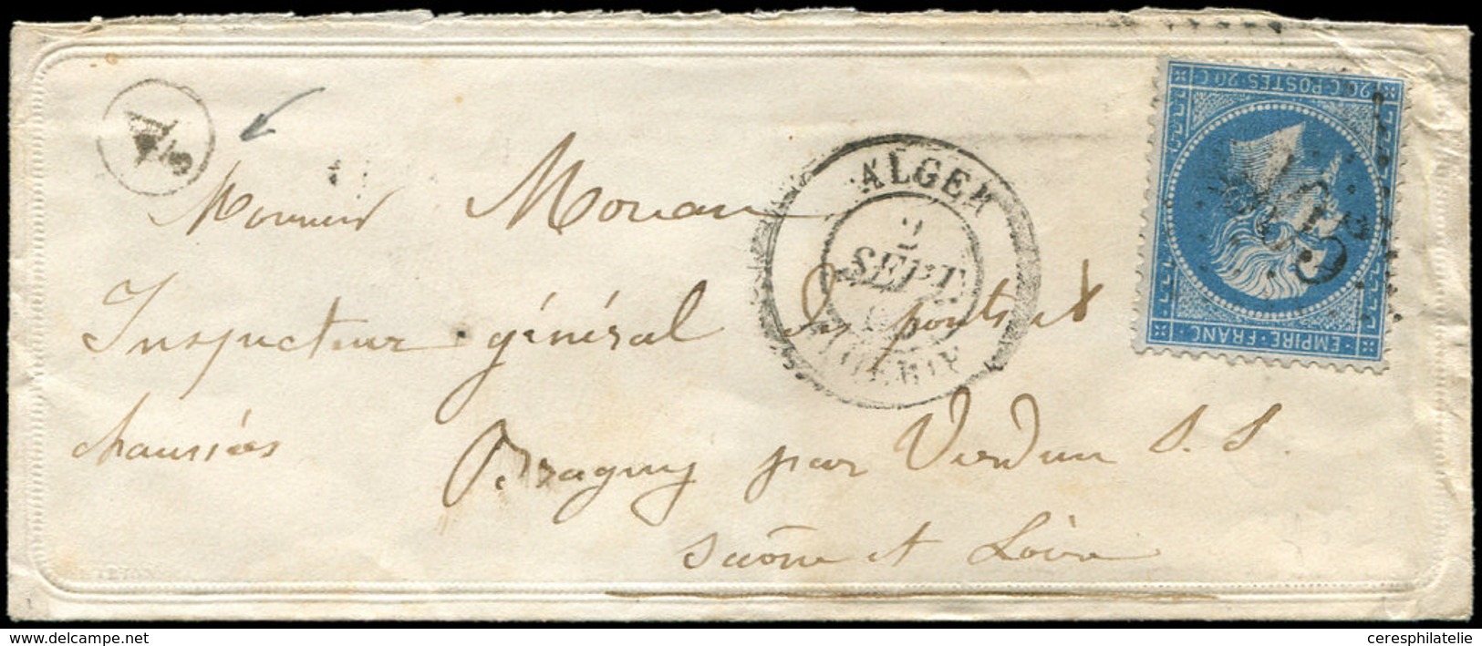 Let EMPIRE DENTELE - 22   20c. Bleu, Obl. GC 5005 S. Env. VALENTINE, Càd ALGER 2/9/65, R. En Algérie, TB - 1862 Napoléon III