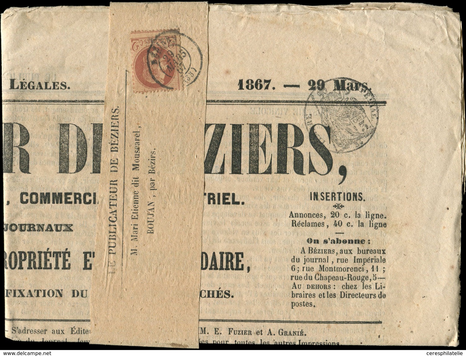 Let EMPIRE LAURE - 26A   2c. Brun-rouge, Obl. Càd T15 BEZIERS 29/3/67 Sur Bande Avec Journal LE PUBLICATEUR DE BEZIERS D - 1863-1870 Napoléon III Con Laureles