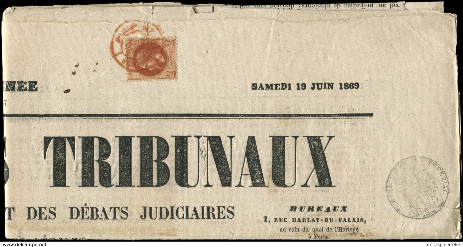 Let EMPIRE LAURE - 26A   2c. Rouge-brun, T I, Obl. Càd Rouge Des Imprimés Paris Sur GAZETTE DES TRIBUNAUX Du 19/6/69, Ti - 1863-1870 Napoléon III Con Laureles