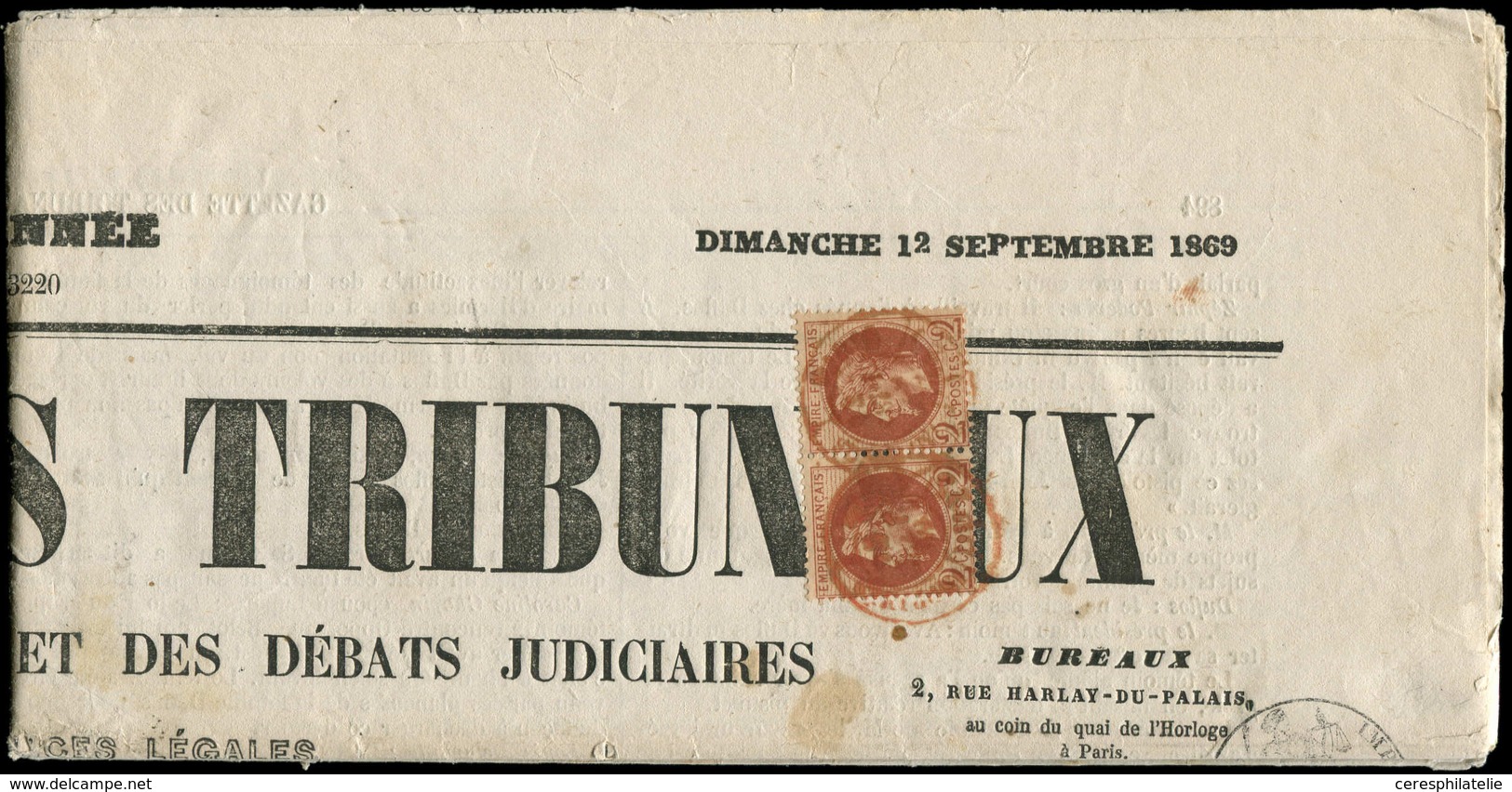 Let EMPIRE LAURE - 26A   2c. Brun-rouge, T I, PAIRE Obl. Càd Rouge Des Imprimés PARIS Sur GAZETTE DES TRIBUNAUX DU 12/9/ - 1863-1870 Napoléon III Con Laureles